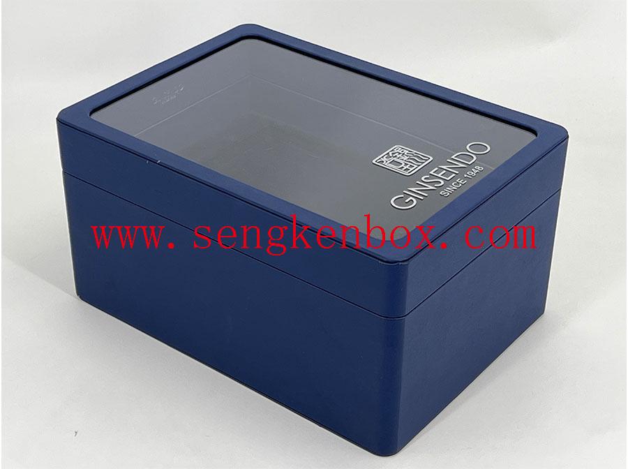 Caja de cuero de embalaje azul oscuro