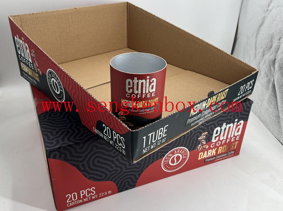 Caja corrugada de exhibición de latas de café en grano