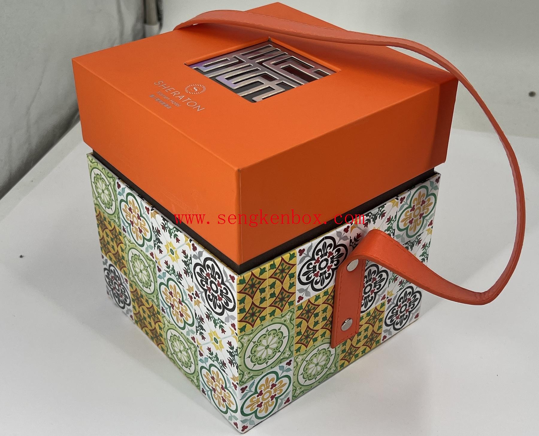 Caja de regalo con tapa y base de embalaje de chocolate con asa de cuero