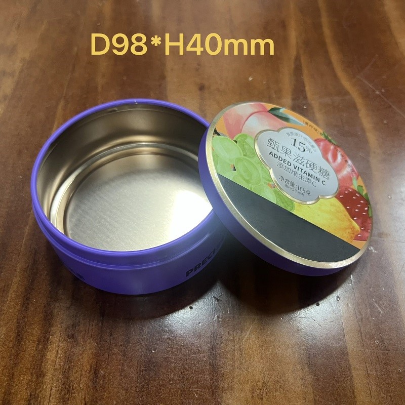 Caja de lata de caramelo redonda D98*H40mm Recipiente de metal de hojalata apto para uso alimentario para embalaje de regalo de caramelos duros de vitamina C*