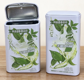 Caja de lata rectangular personalizada para mentas con tapa abatible con bisagras